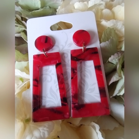 New Red Acrylic Abstract Earrings - Picture 3 of 8